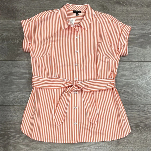 NWT Talbots Tie Waist Button Front Striped Orange and White Short Sleeve 2P - Picture 8 of 15